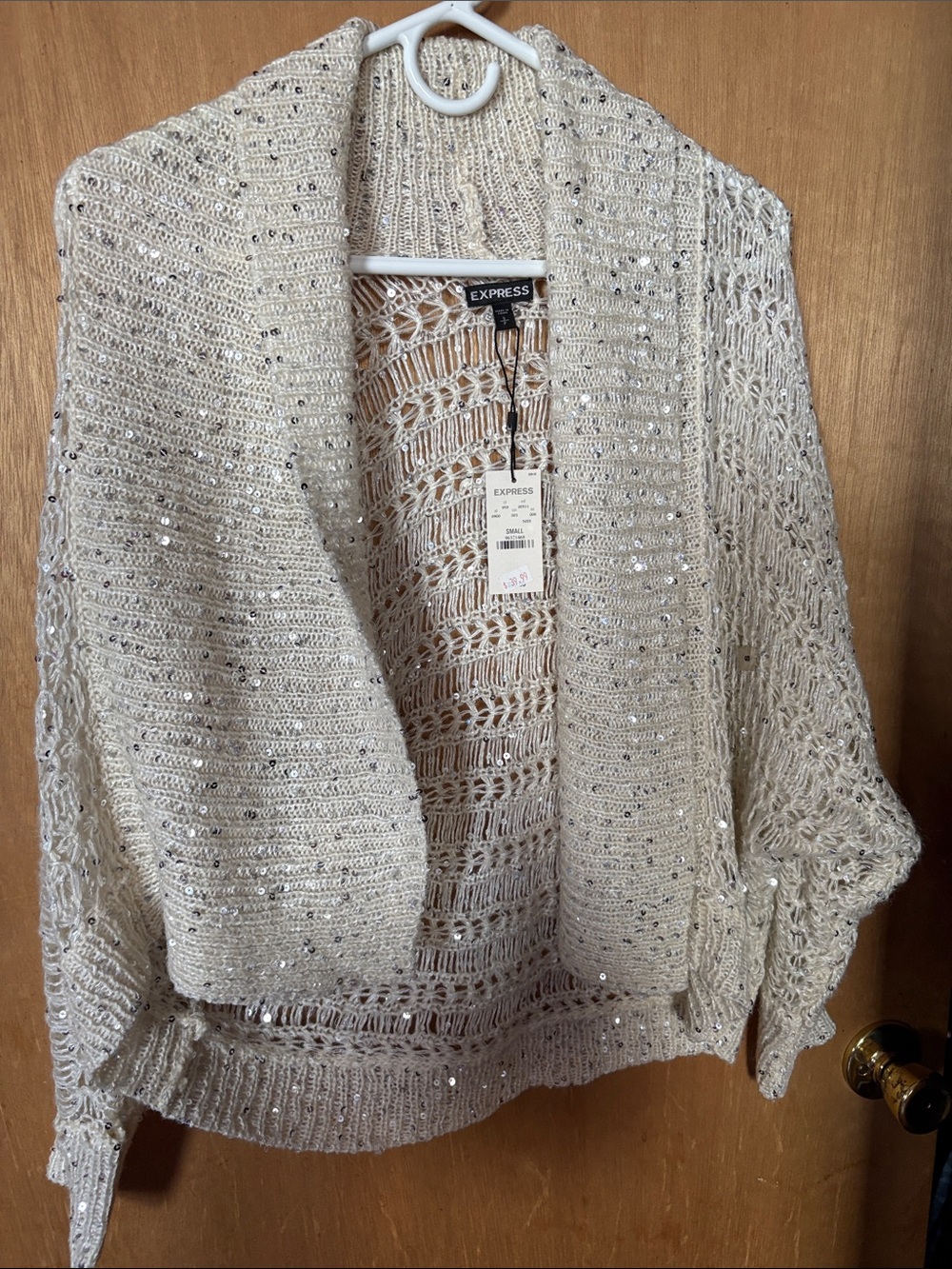 Express Cream Sequin Open-Knit Cardigan